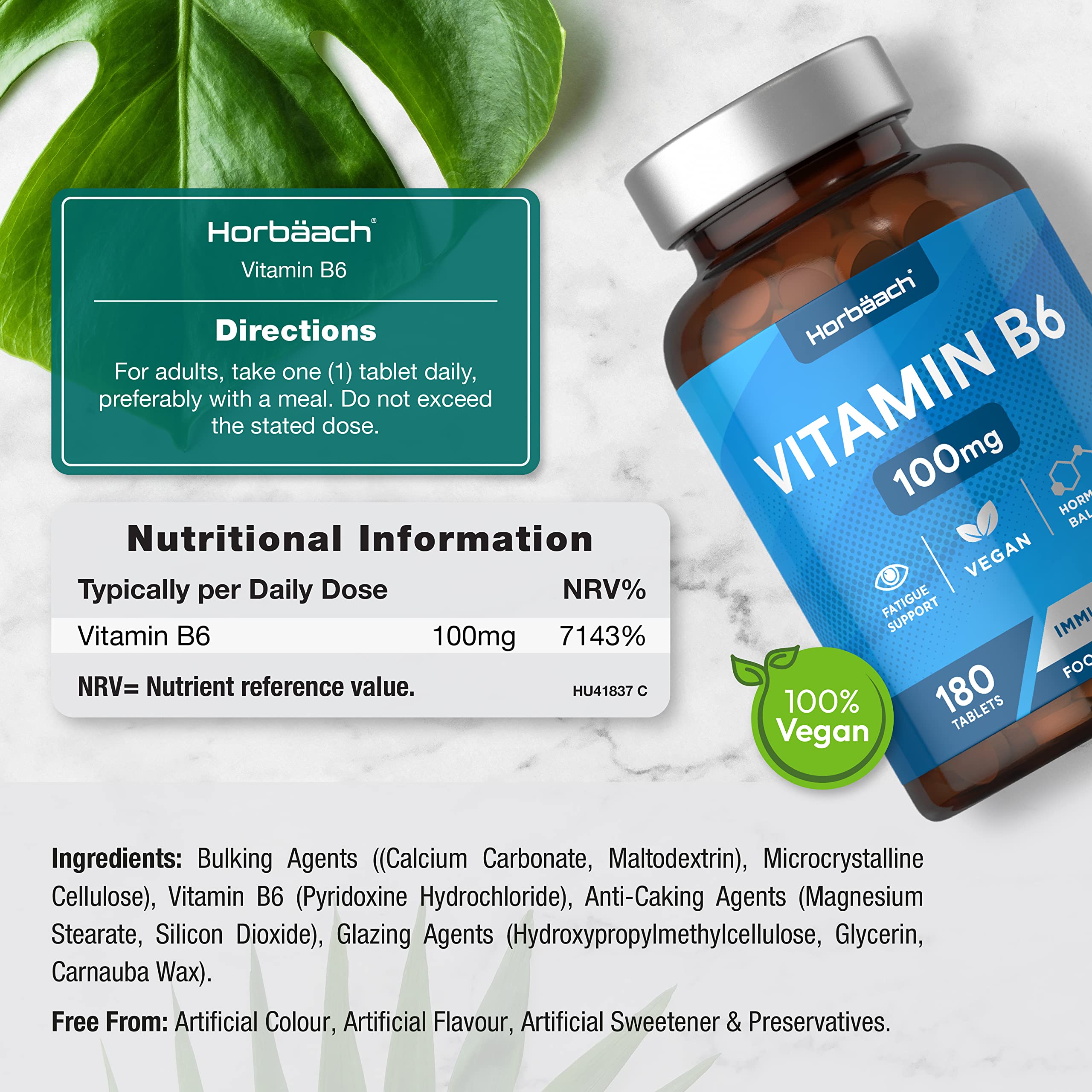 Vitamin B6 100mg | 180 High Strength Tablets | Regulation of Hormonal Activity & Fatigue Horbäach uk supplements
