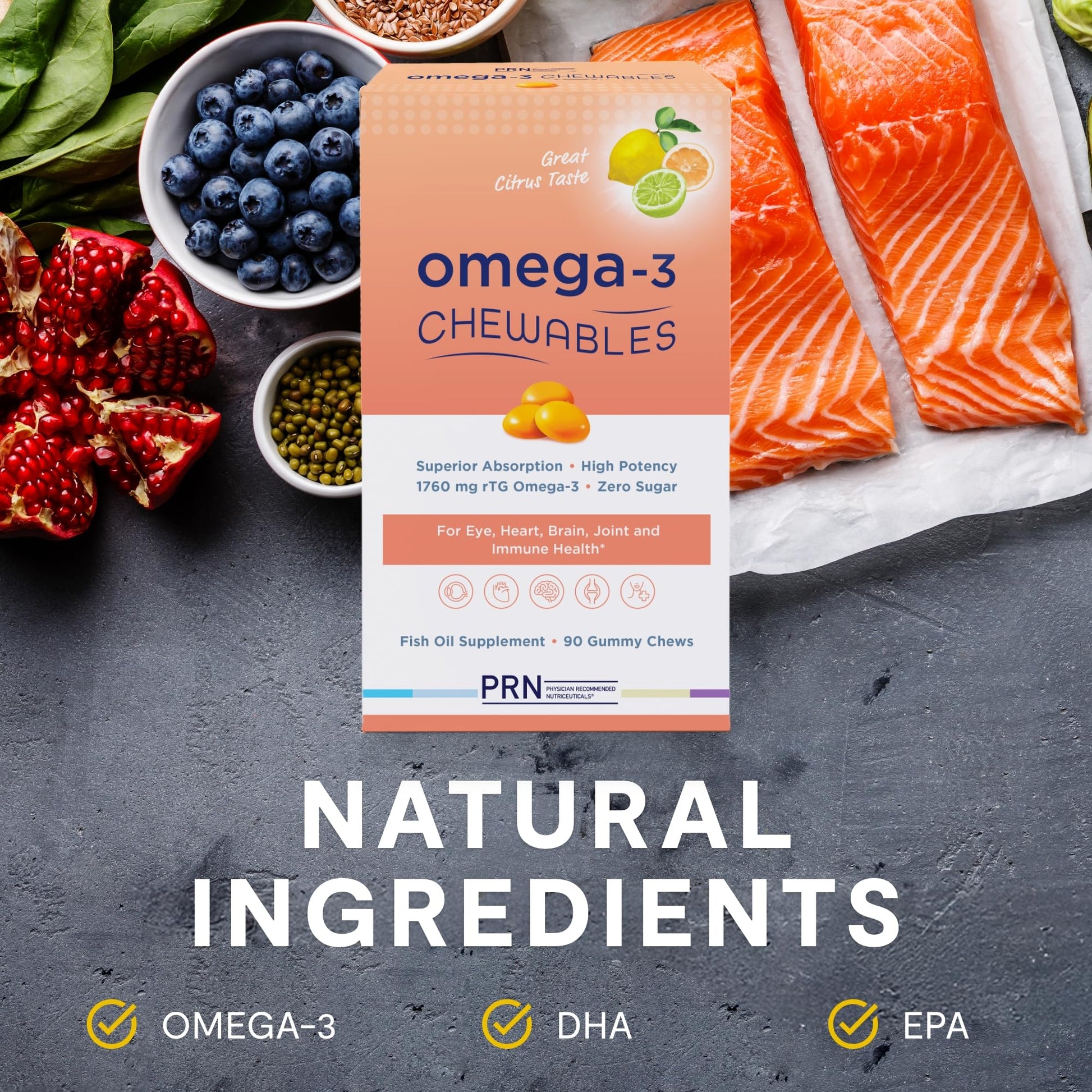 Omega 3 Gummy Chewables - 90 Gel Chews, 30-Day Supply, Citrus Flavor - 1760mg Ultra-Pure rTG Omega 3 for Eye, Heart, Brain, Joint & Immune Health PRN Physician Recommended Nutriceuticals uk supplements