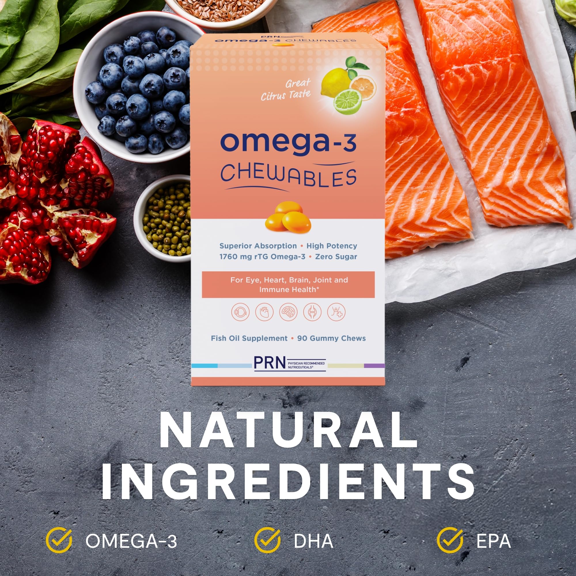 Omega 3 Gummy Chewables - 90 Gel Chews, 30-Day Supply, Citrus Flavor - 1760mg Ultra-Pure rTG Omega 3 for Eye, Heart, Brain, Joint & Immune Health PRN Physician Recommended Nutriceuticals uk supplements