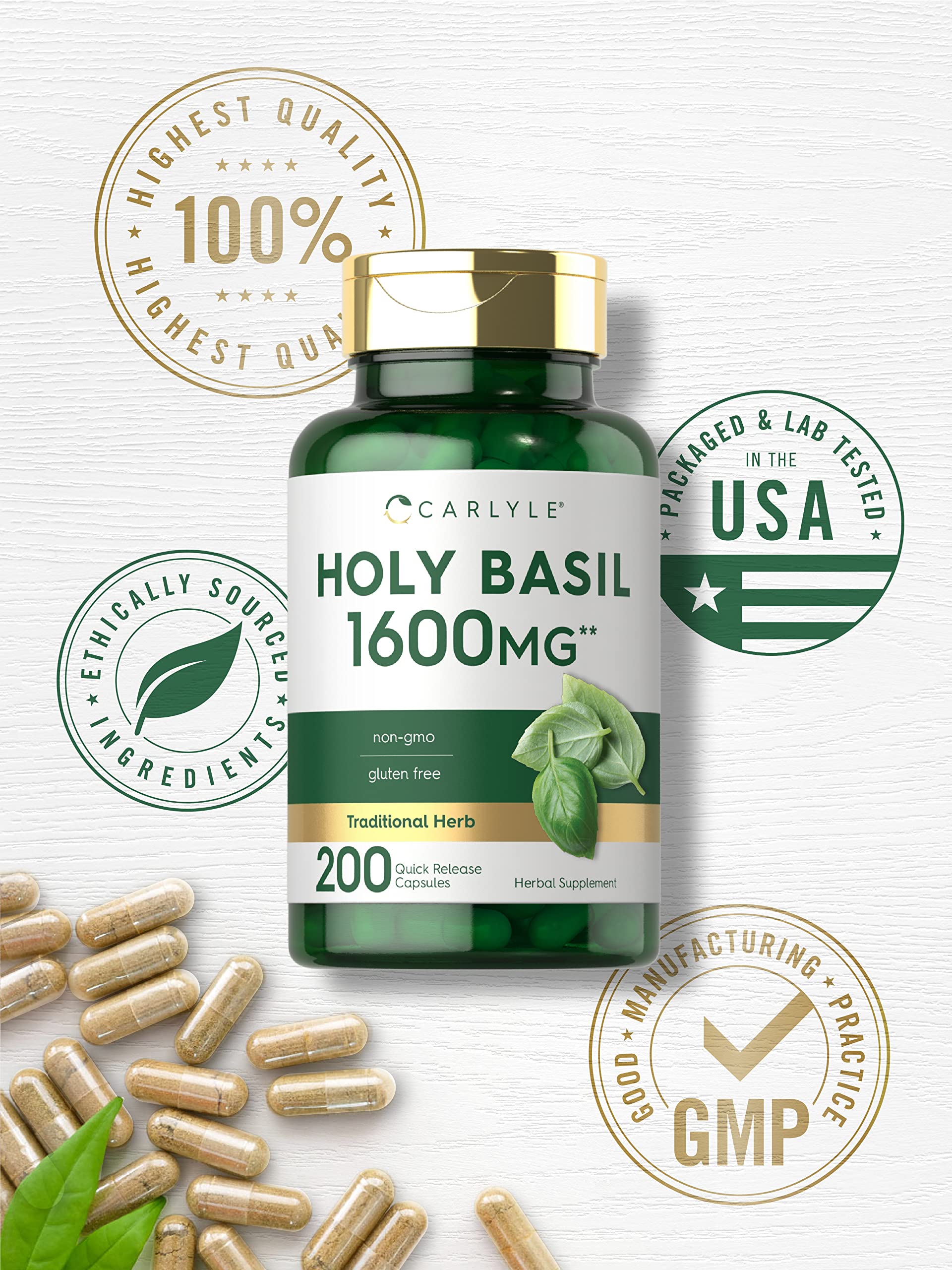 Carlyle Holy Basil Capsules 1600 mg | 200 Count | Tulsi Holy Basil Leaf Extract | Herbal Carlyle uk supplements