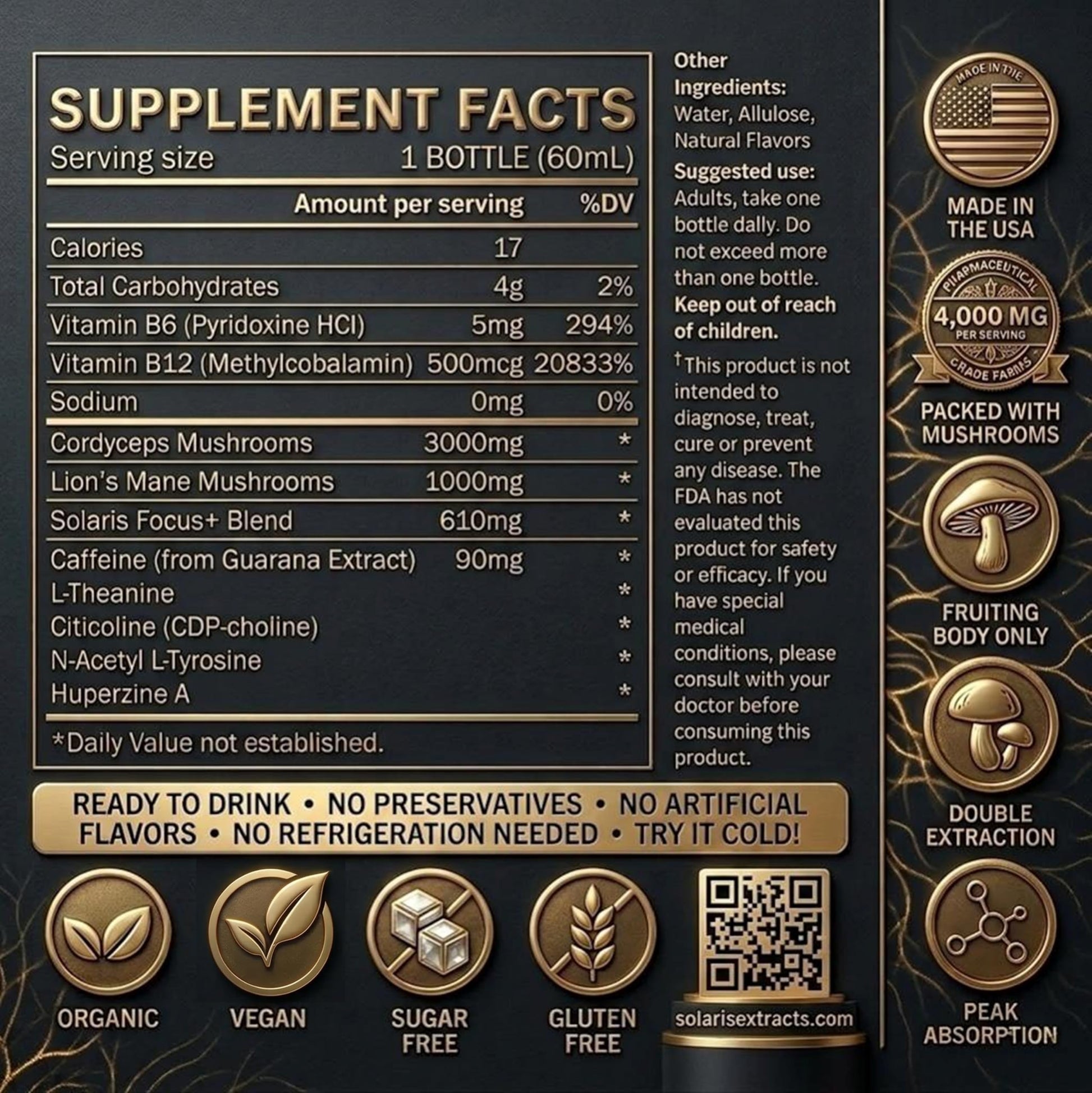 Solaris Mushroom Productivity Wellness Shots | Focus, Circulation, Memory | 4000mg of Cordyceps & Lion's Mane | Citicoline, L-Theanine, Vitamin B6/B12 | Coffee Alternative (6-Pack) Solaris Extracts uk supplements