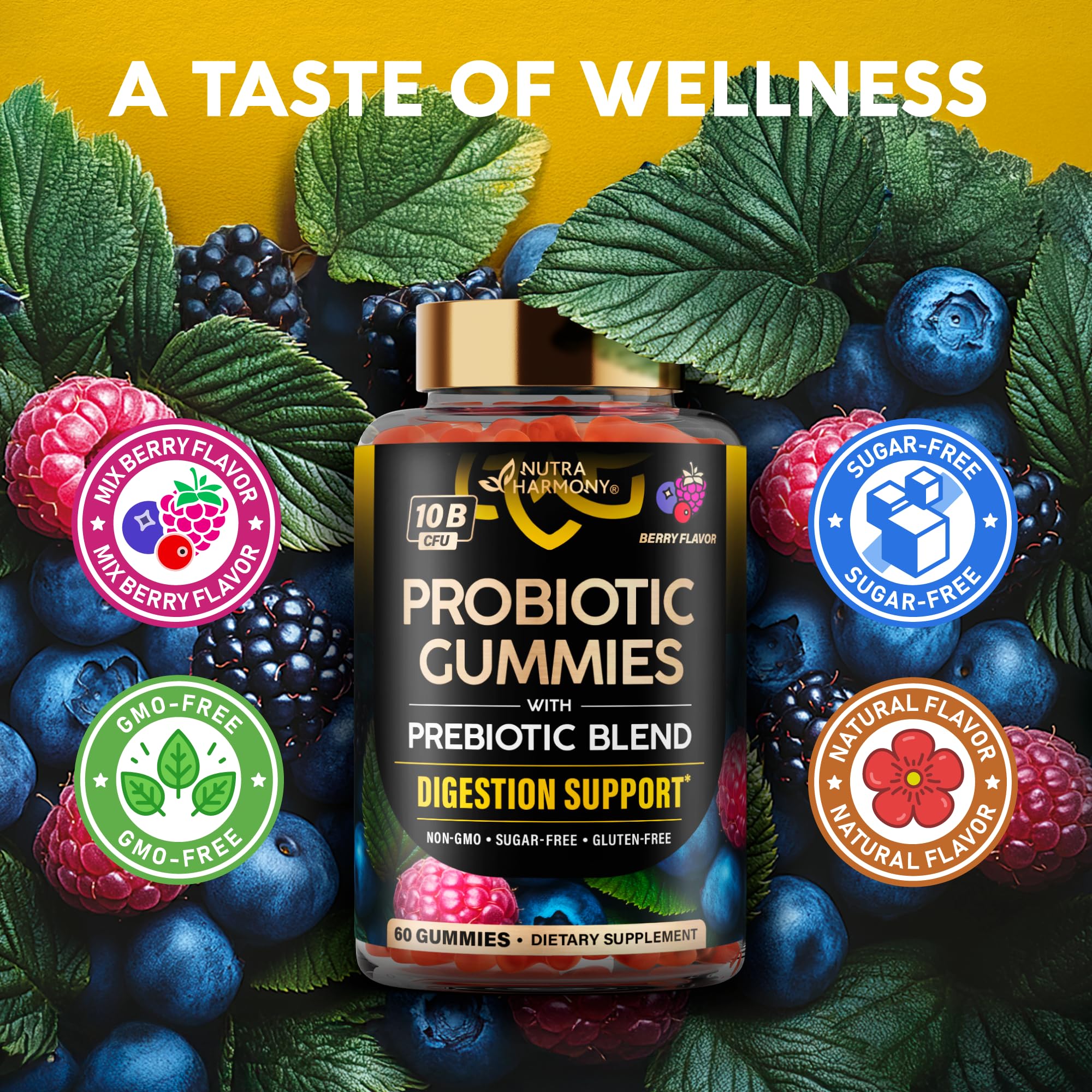 Probiotic Gummies 10B CFU with Prebiotic Fiber - Digestion & Immune Support - Debloat, Stomach & Gut Comfort - Probiotics for Women & Men - Natural Berry Flavor - Vegan & Sugar-free - 60 Gummies NUTRAHARMONY uk supplements