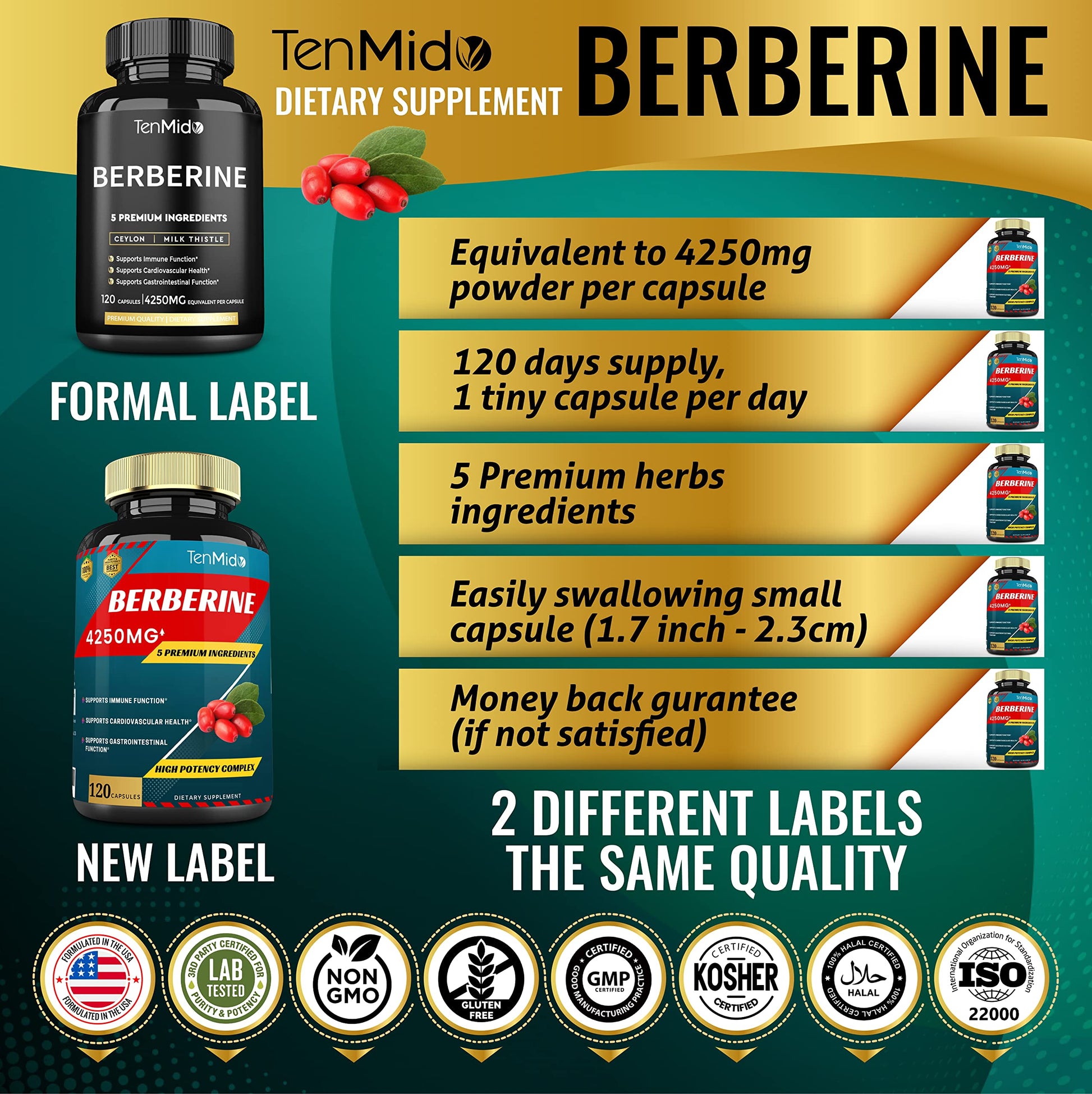 Berberine Extract Capsules 4250mg, 4 Months Supply & Ceylon, Milk Thistle, Turmeric Tenmido uk supplements