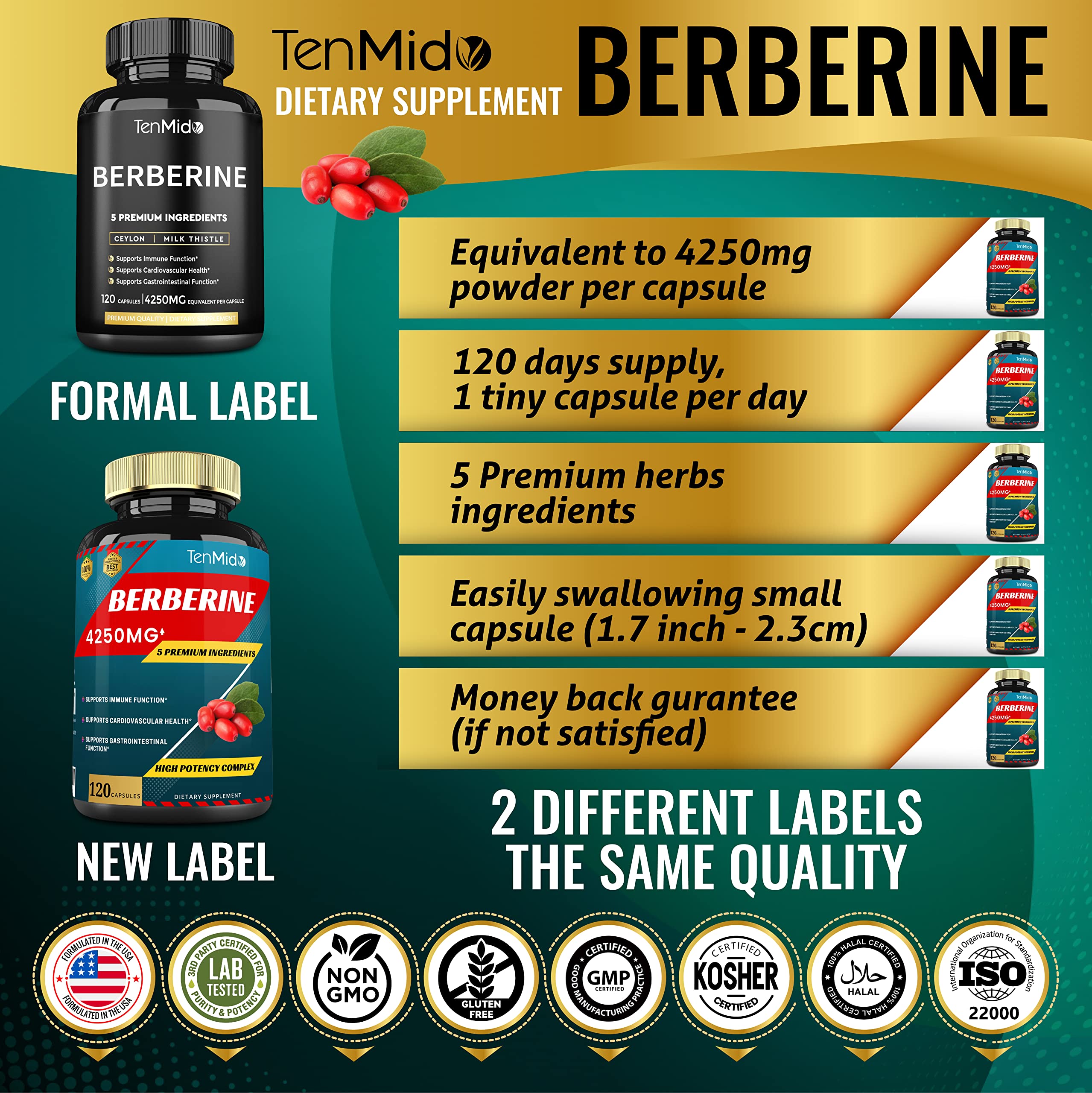 Berberine Extract Capsules 4250mg, 4 Months Supply & Ceylon, Milk Thistle, Turmeric Tenmido uk supplements