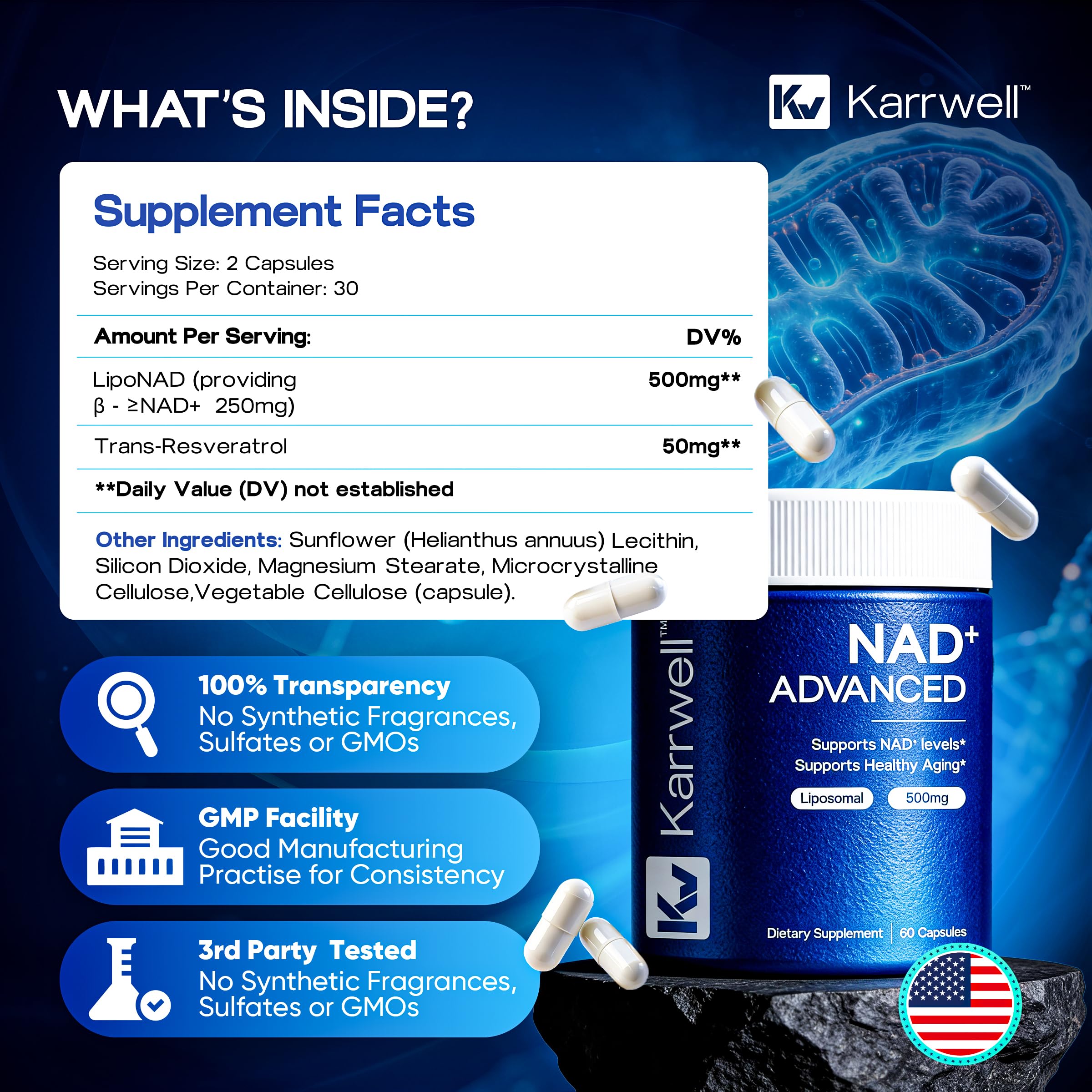 Karrwell NAD+ Advanced 500MG Liposomal NAD+ with Resveratrol - NAD Supplement for Men & Women - NMN Alternative for Cellular Energy & Healthy Aging - 60 Capsules, 30 Day Supply Karrwell uk supplements