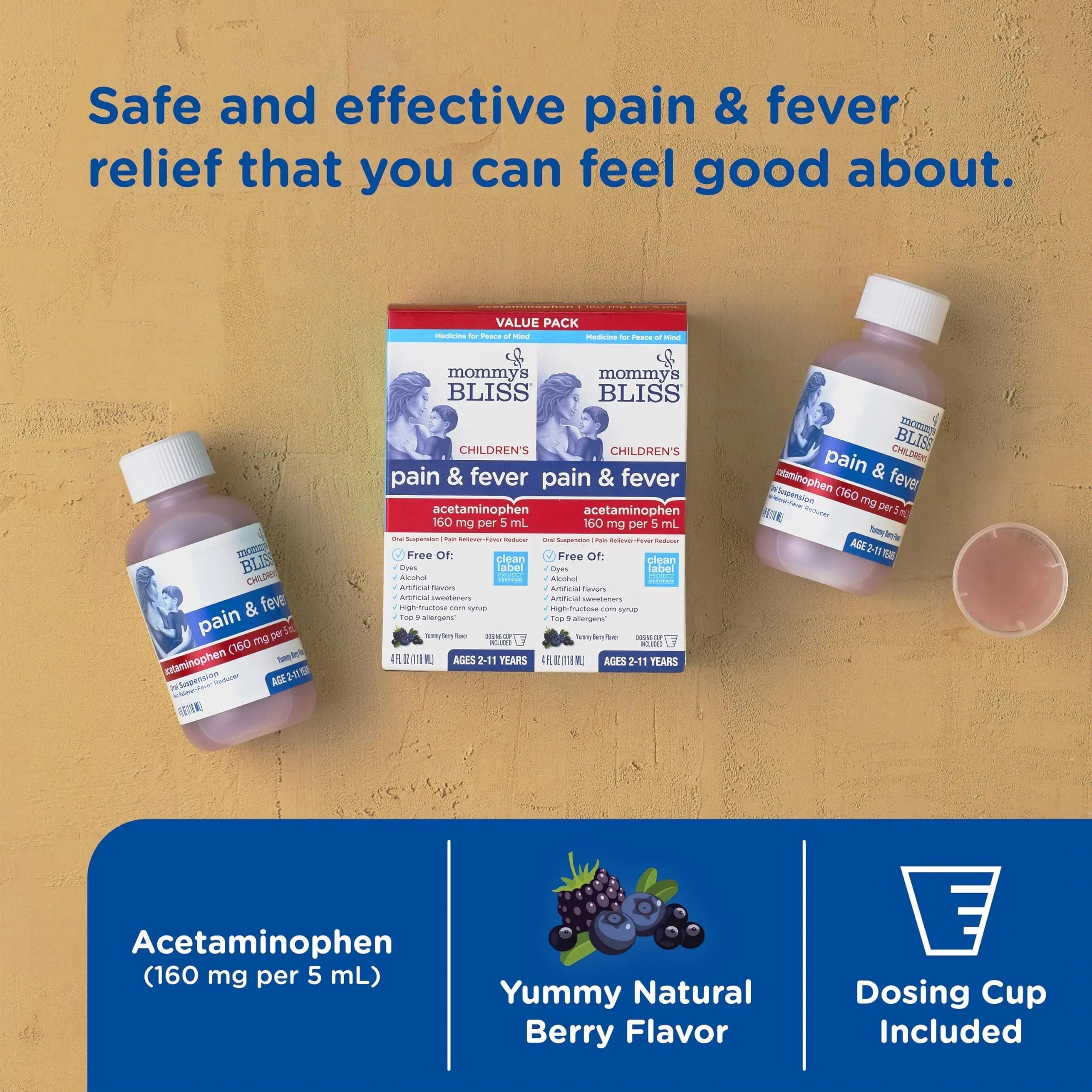 Mommy's Bliss Children's Pain and Fever Reducer, Kids Acetaminophen, Dye Free, Delicious Mixed Berry Flavor, Ages 2+, 4 Fluid Ounces (Pack of 2) Mommy's Bliss uk supplements