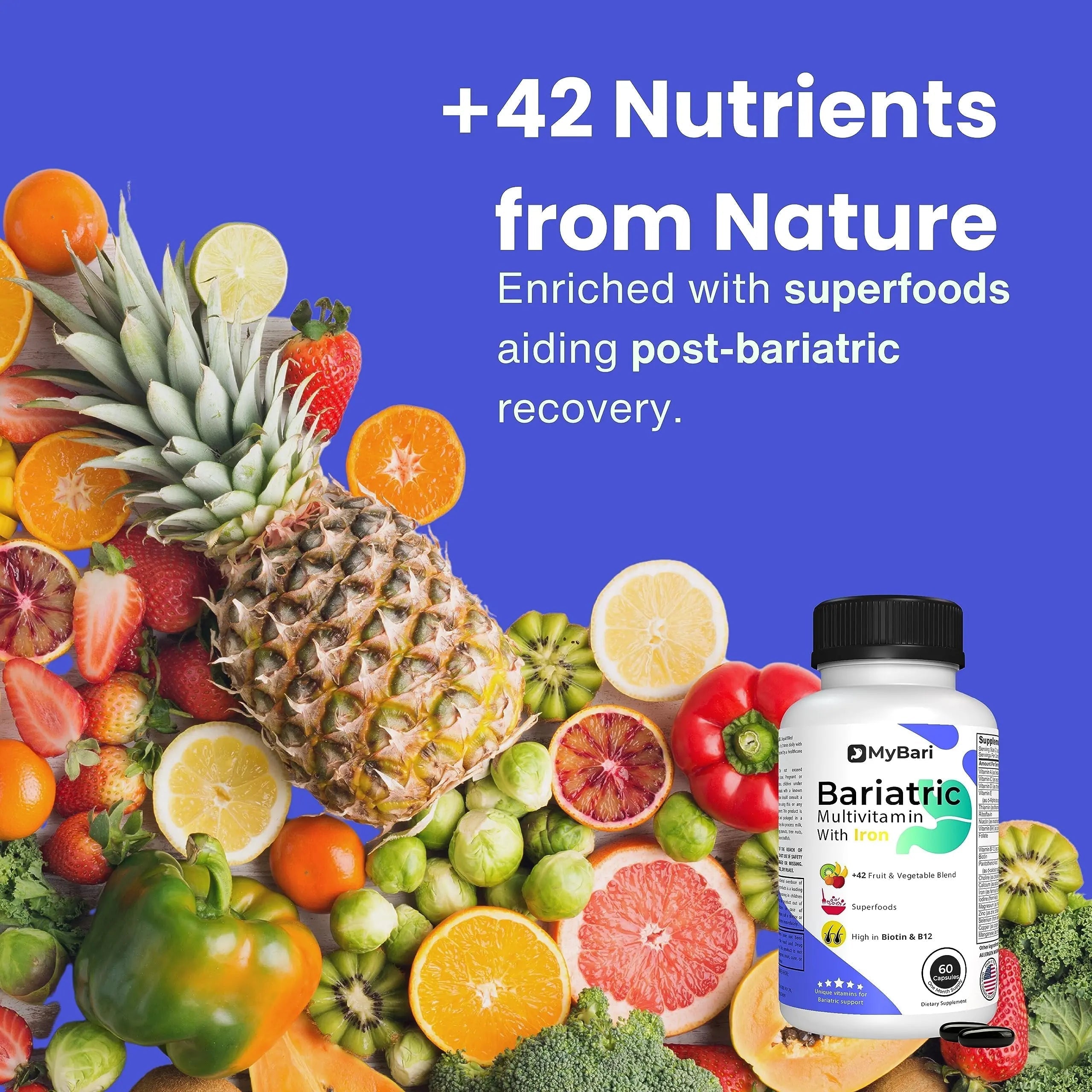 MyBari All-in-One Bariatric Multivitamin with Iron - Made in USA - for Men & Women - Supports Gastric Sleeve & Bypass with 42+ Fruit & Veggie Blend - 60 Liquid Capsules MyBari uk supplements