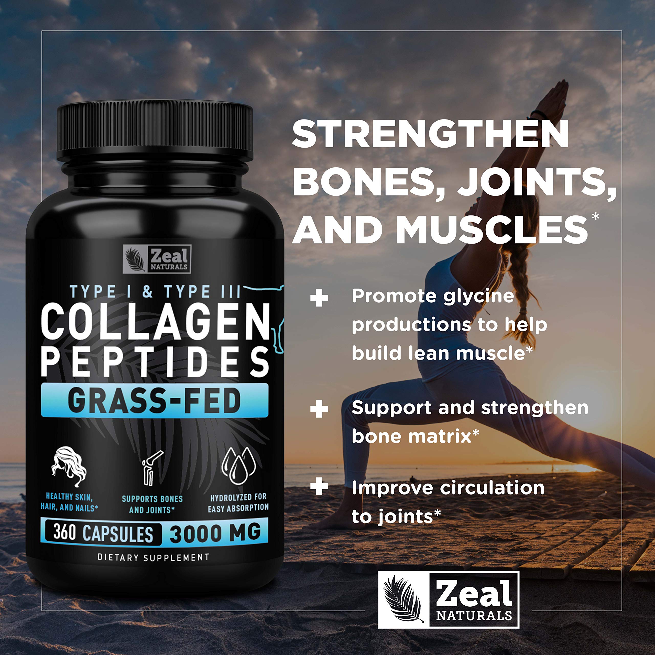 Zeal Naturals Collagen Peptides Collagen Pills (360 Capsules) Grass Fed Collagen Pepetide Powder - Hydrolyzed Collagen Powder for JointTendon SupplementHair Skin and Nails - Zeal Naturals uk supplements