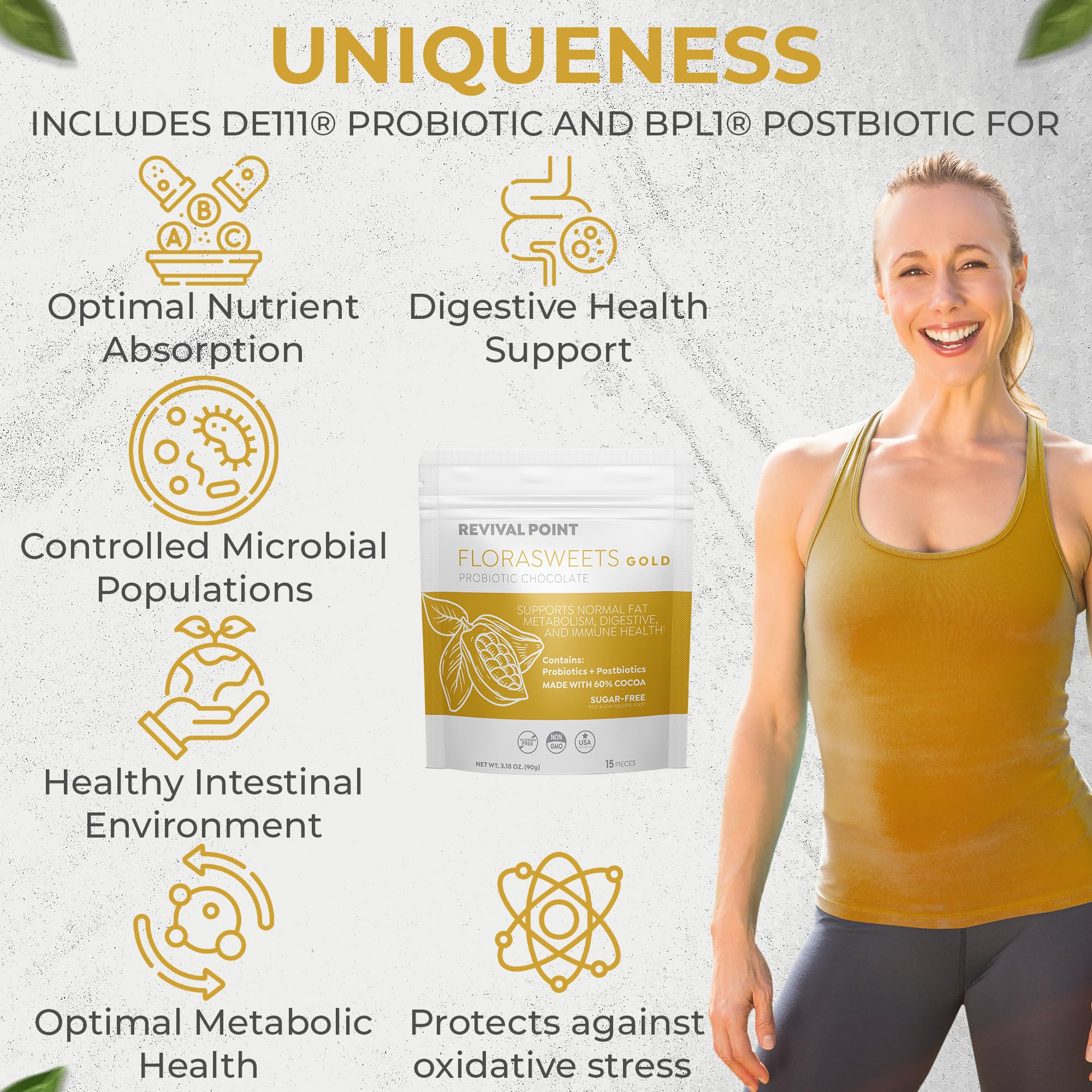 Revival Point Florasweets Gold Chocolate Bites with Probiotic + Postbiotic Stains DE111 & BPL1 - Indivally Wrapped - Supports Digestive & Gut Health Bacillus subtilis (1) Revival Point uk supplements