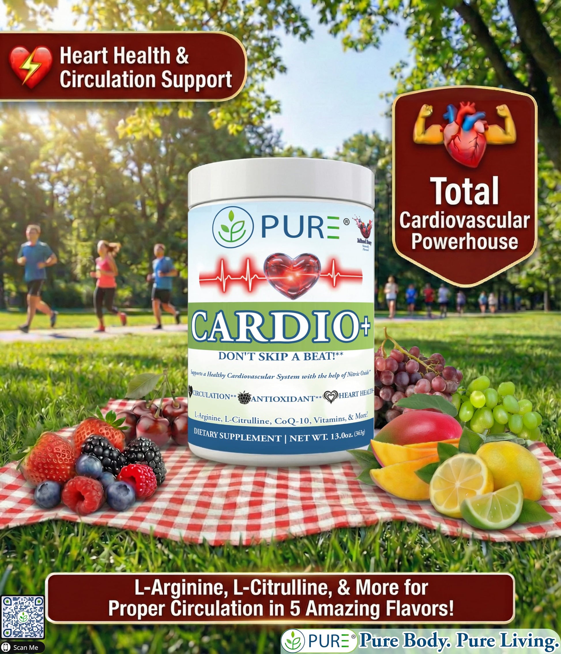 PURE® Cardio+ Nitric Oxide Heart & Circulation Support - 5000mg L-Arginine & 1000mg L-Citrulline - Lemon Lime, 30 Servings Powder, 375 Grams - CoQ10 Beet Root - High Potency Cardiovascular Formula PURE uk supplements