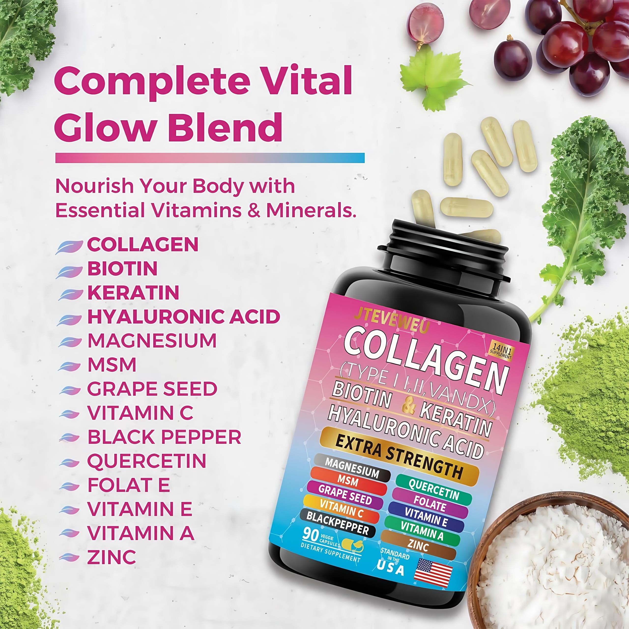 JTEVEweu Collagen Supplement - Type I, II, III, V and X - with Biotin, Keratin, Hyaluronic Acid & 13+ Extra Strength Ingredients - （90 Capsules） JTEVEweu uk supplements