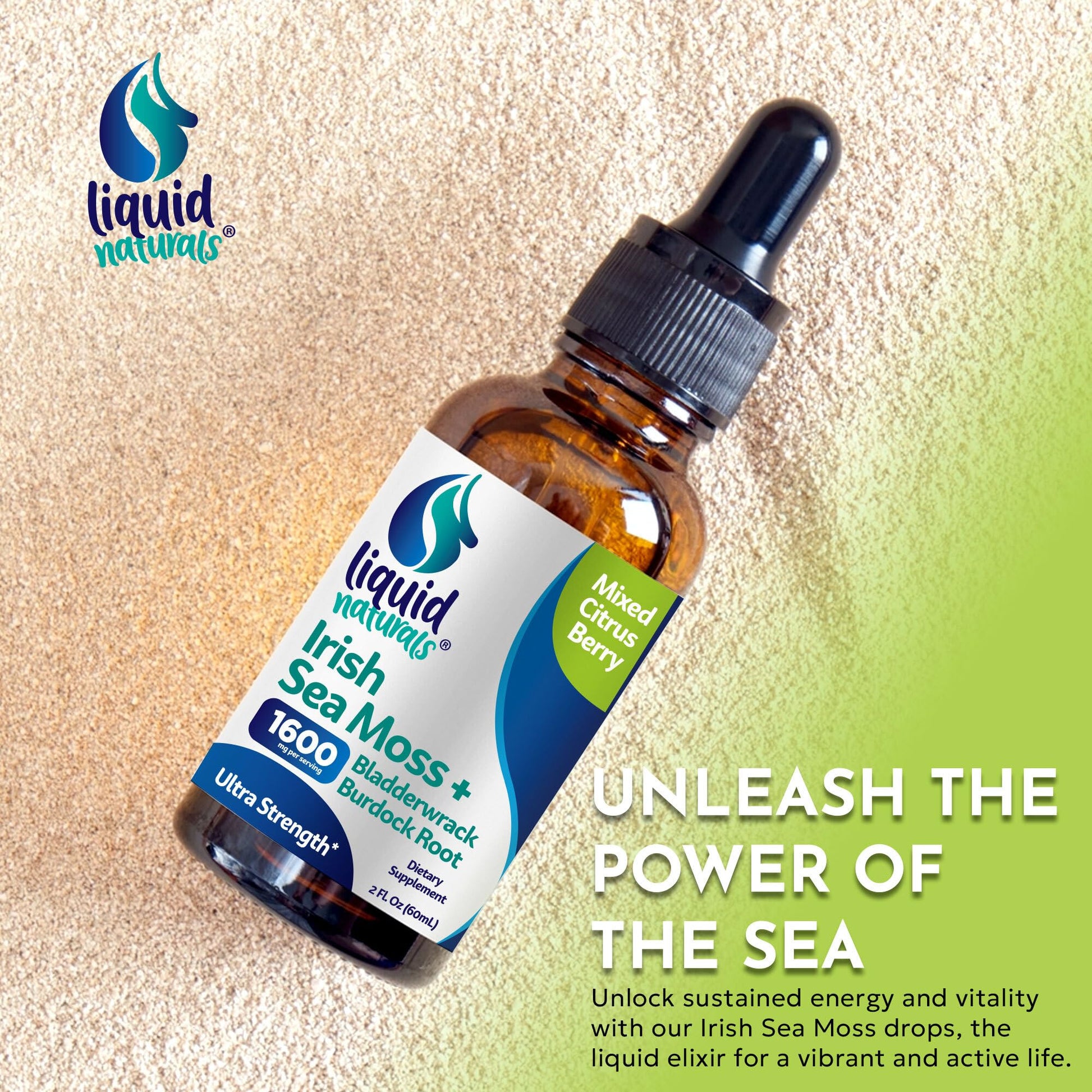 Liquid Naturals Irish Sea Moss Drops - Citrus Berry Flavor - 92+ Essential Minerals & Vitamins - Energy, Skin, Gut, Recovery - Bladderwrack and Burdock Root - 2 fl. oz Liquid Naturals uk supplements