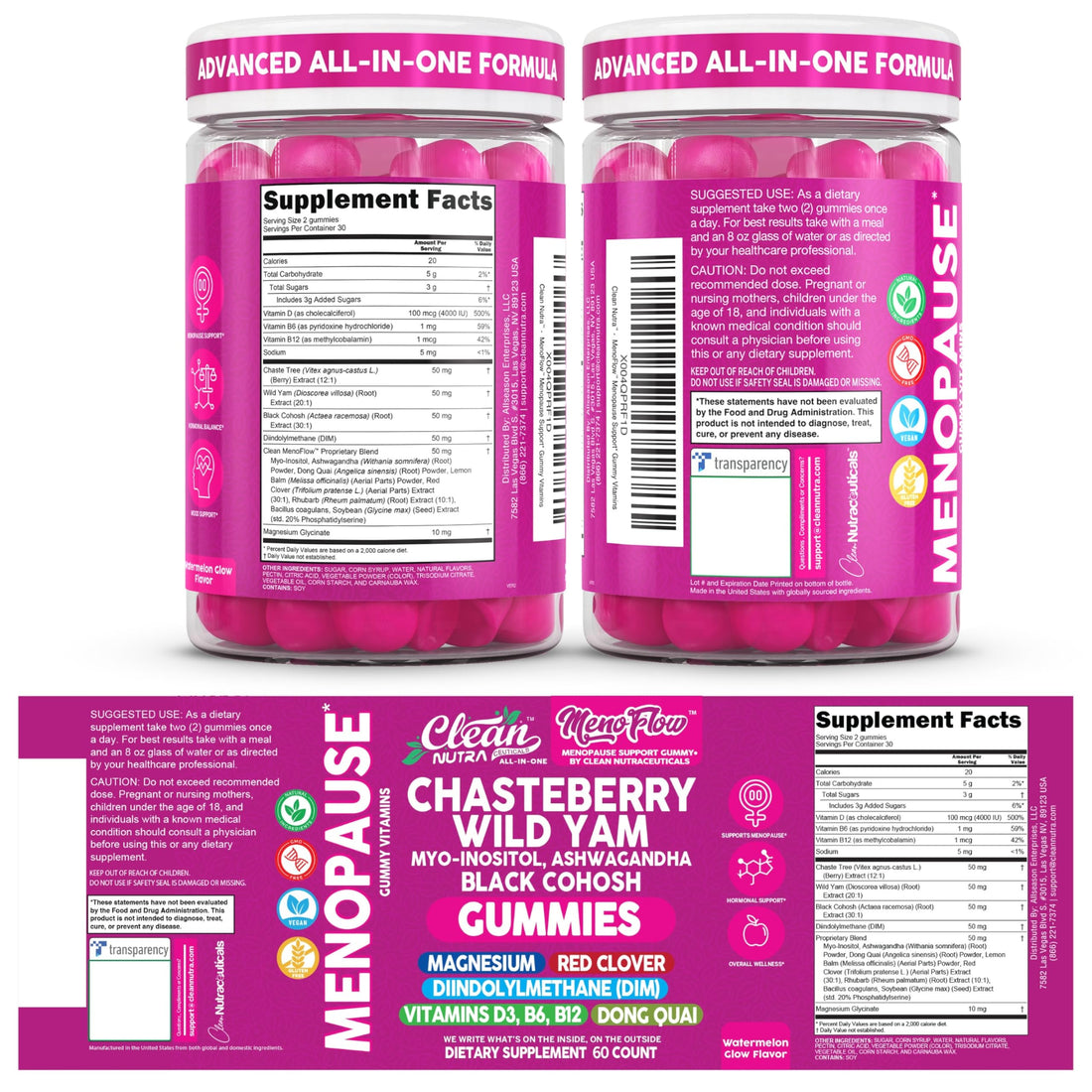 Clean Nutra Menopause Supplements for Women Chastberry Wild Yam Gummies Inositol Black Cohosh Magnesium Red Clover DIM Supplement B6 Magnesium Glycinate Glycine Vitex Hormone Balance Gummy Vitamins Clean Nutraceuticals uk supplements
