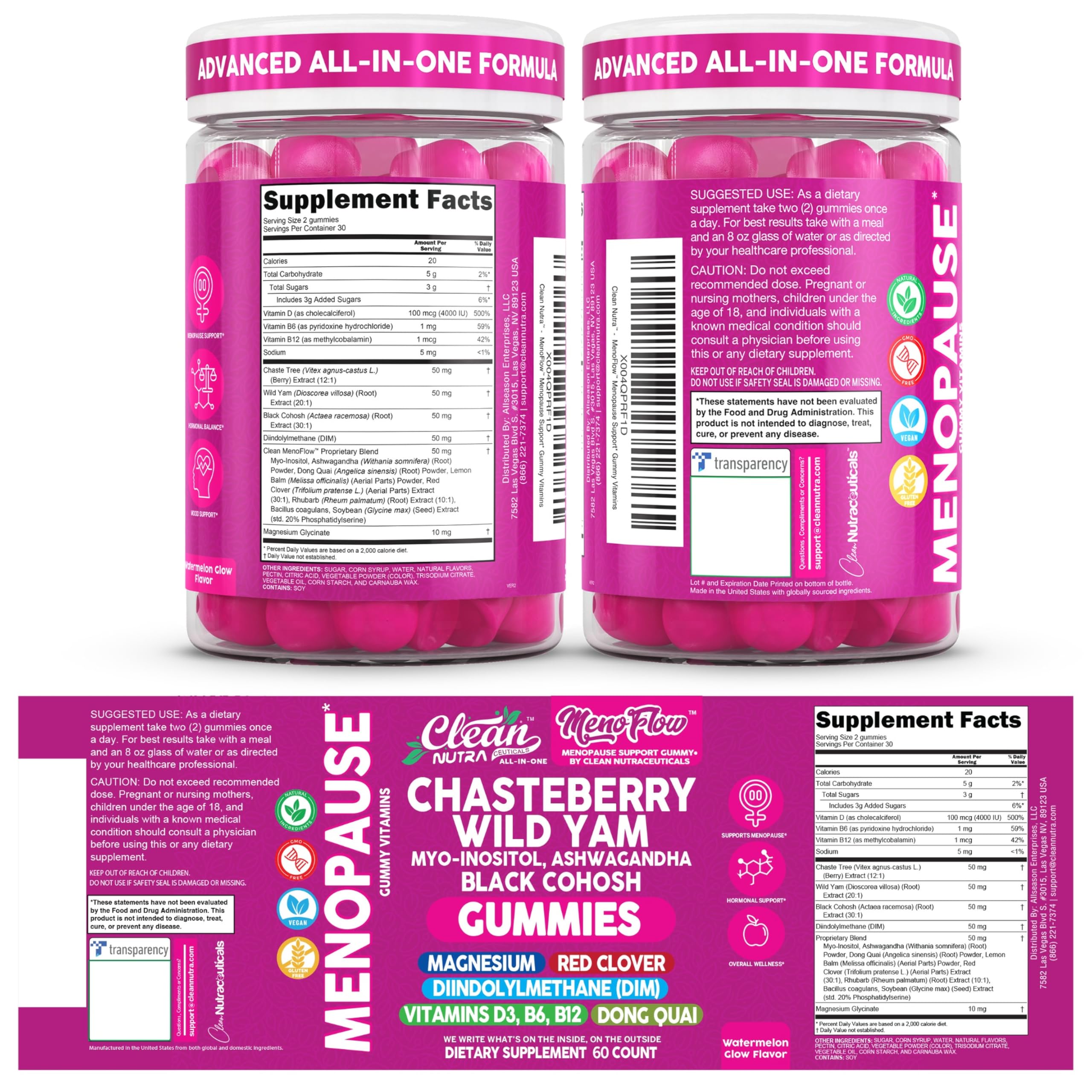 Clean Nutra Menopause Supplements for Women Chastberry Wild Yam Gummies Inositol Black Cohosh Magnesium Red Clover DIM Supplement B6 Magnesium Glycinate Glycine Vitex Hormone Balance Gummy Vitamins Clean Nutraceuticals uk supplements