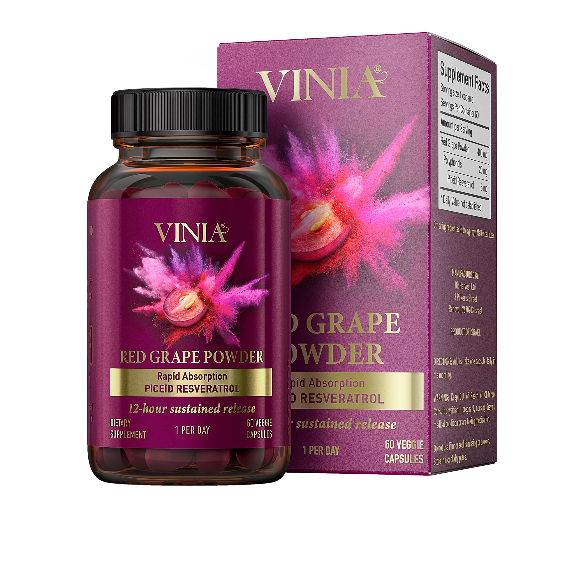 VINIA 12-Hour Sustained Release Piceid Resveratrol Supplement. Nitric Oxide Supplement VINIA uk supplements