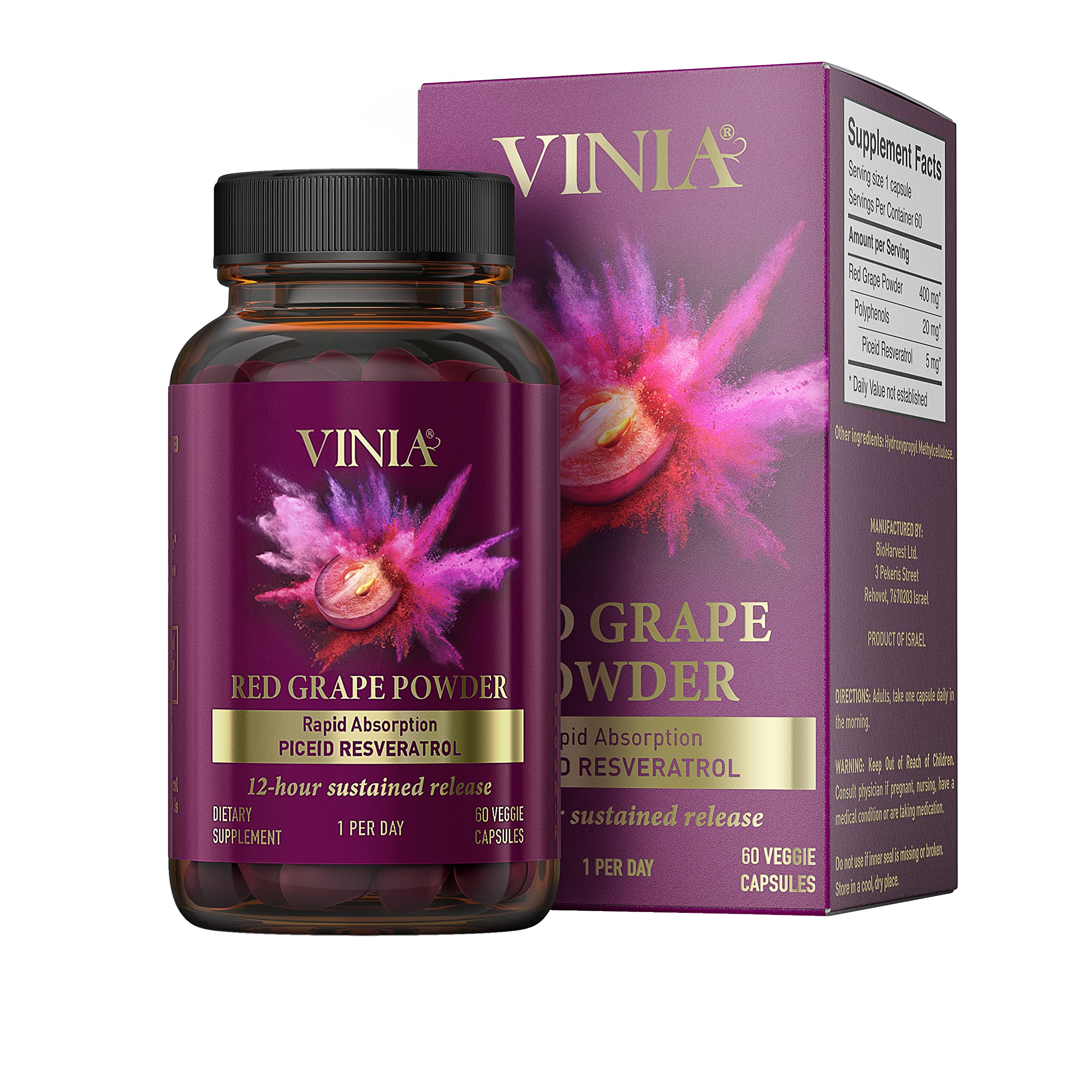 VINIA 12-Hour Sustained Release Piceid Resveratrol Supplement. Nitric Oxide Supplement VINIA uk supplements