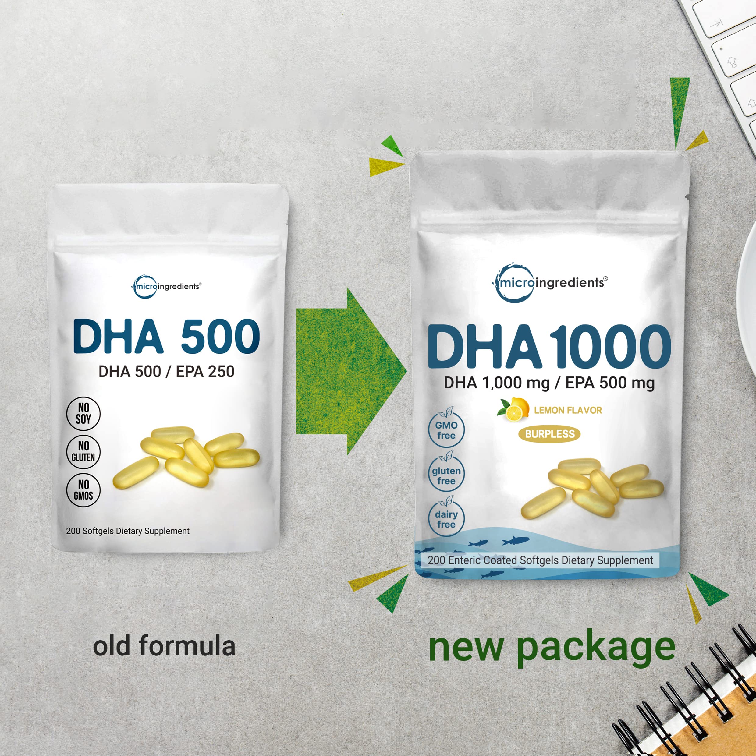 Omega 3 Fish Oil DHA Supplements 1000mg with EPA 500mg, 200 Softgels Micro Ingredients uk supplements