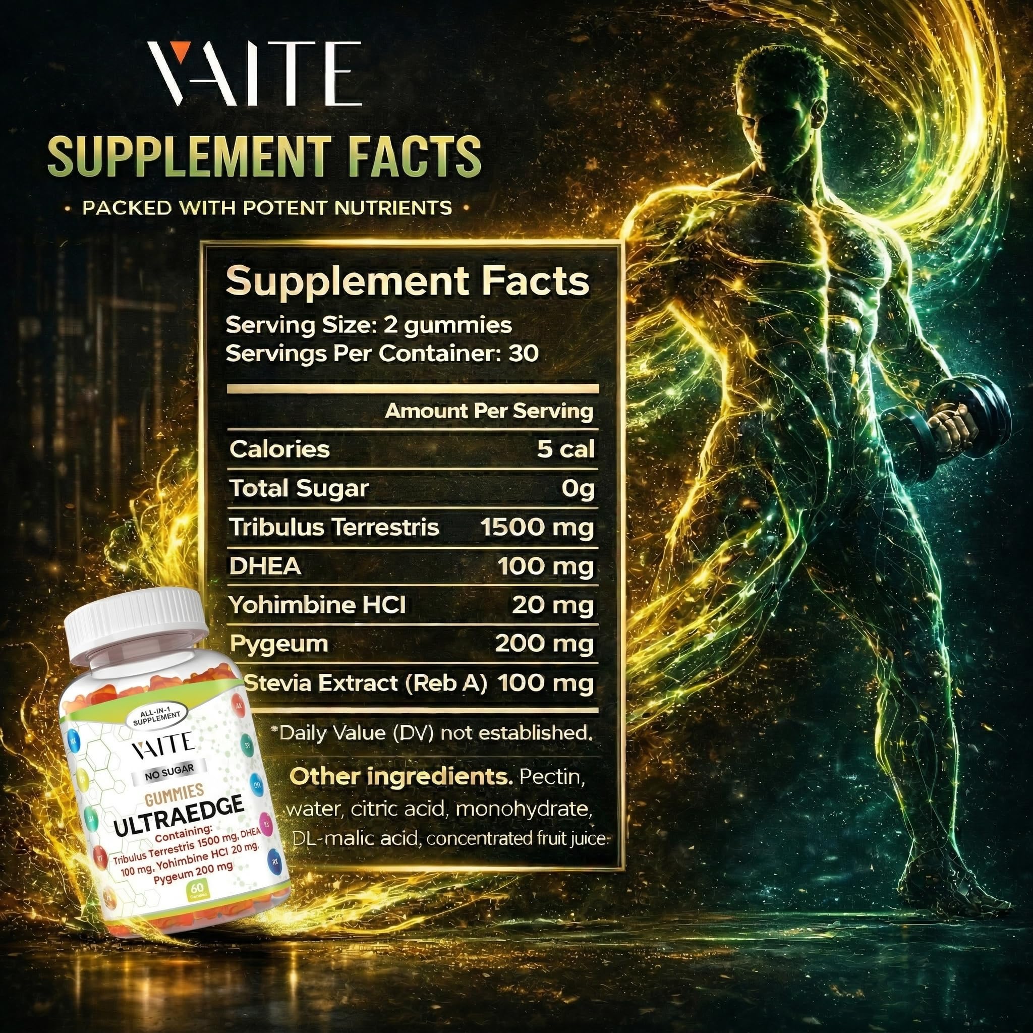 VAITE UltraEdge Herbal Complex Gummies – Tribulus Terrestris 1500mg, DHEA 100mg, Yohimbine HCl 20mg, Pygeum 200mg, Plant-Based Blend, 60 Vegan Gummies, Non-GMO, Gluten-Free, Adult Supplement VAITE uk supplements
