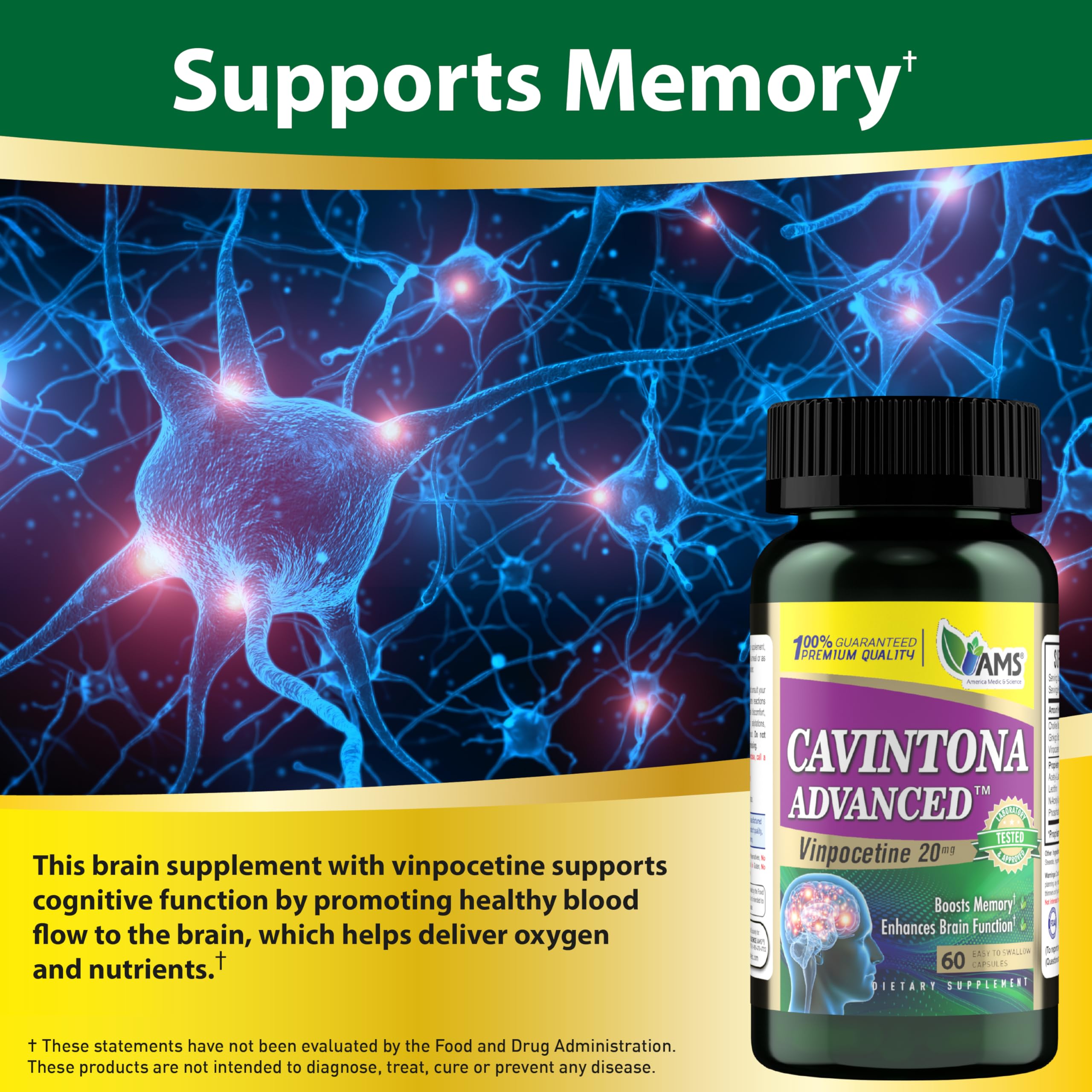 America Medic & Science Cavintona Advanced Supplement – Vinpocetine 20mg for Memory, Recall & Brain Health – Supports Cognitive Function, Focus, Mental Clarity & Blood Flow – 60 Capsules America Medic & Science uk supplements