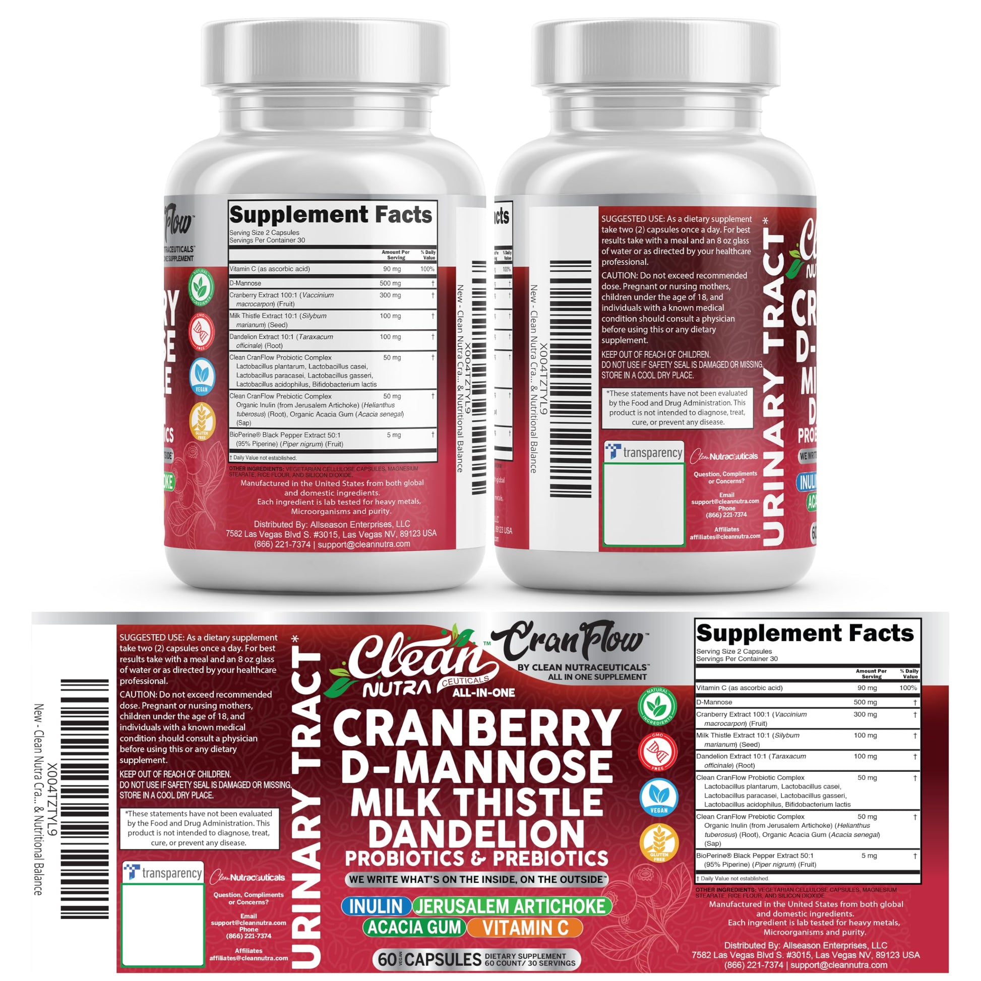 Cran Flow Cranberry Pills for Urinary Health D-Mannose Milk Thistle Dandelion Inulin Vitamin C Prebiotics and Probiotics Bladder Support By Clean Nutra Clean Nutraceuticals uk supplements