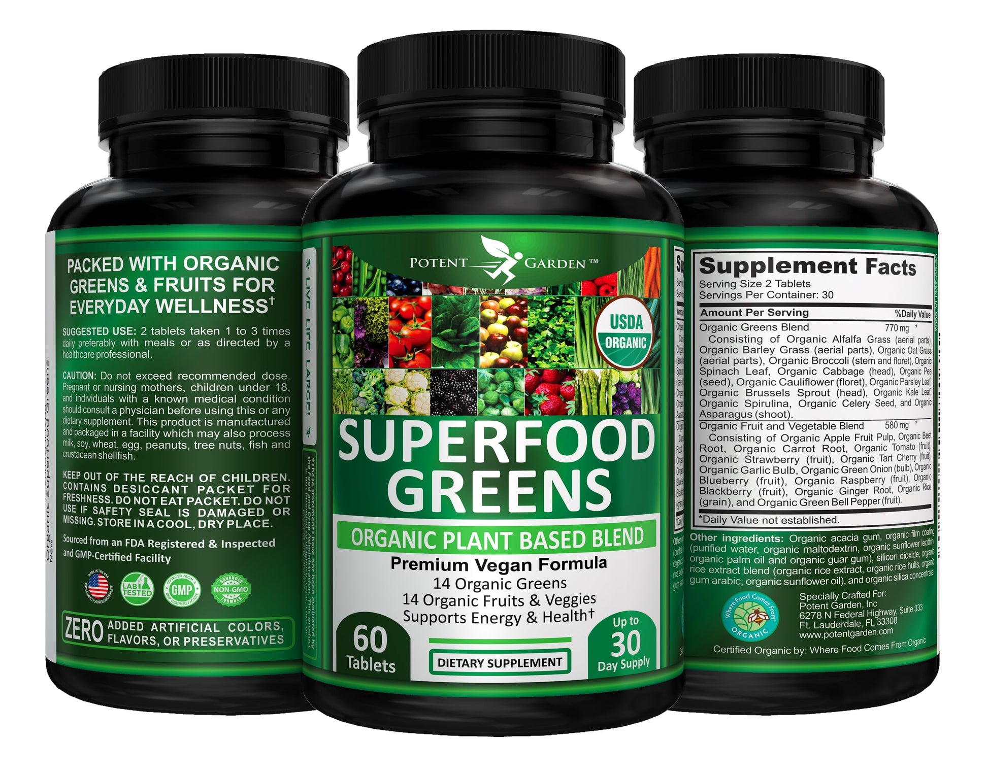 Potent Garden Organic Superfood Greens, Fruit and Veggies Supplement Rich in Vitamins & Antioxidants with Alfalfa, Beet Root & Tart Cherry to Boost Energy, Immunity & Gut Health, Greens Tablets 60 Ct Potent Garden uk supplements