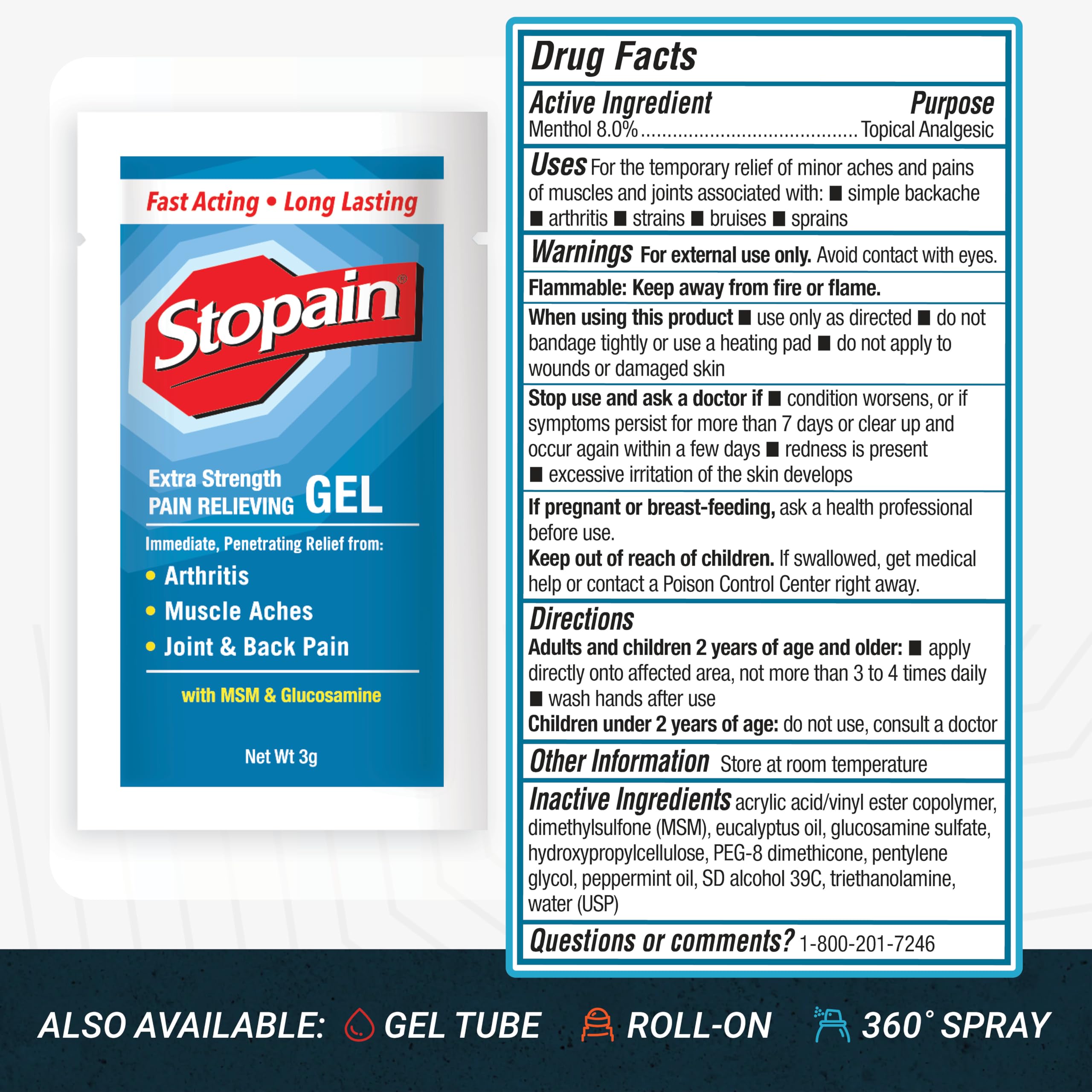 Stopain Pain Relief 3g Gel Packets, 100ct, 8% Menthol, Topical Pain Relief, Knee Pain Relief, Back Pain Relief, and Arthritis Pain Relief, Perfect for Workplace First Aid Cabinets, Made in USA Stopain uk supplements