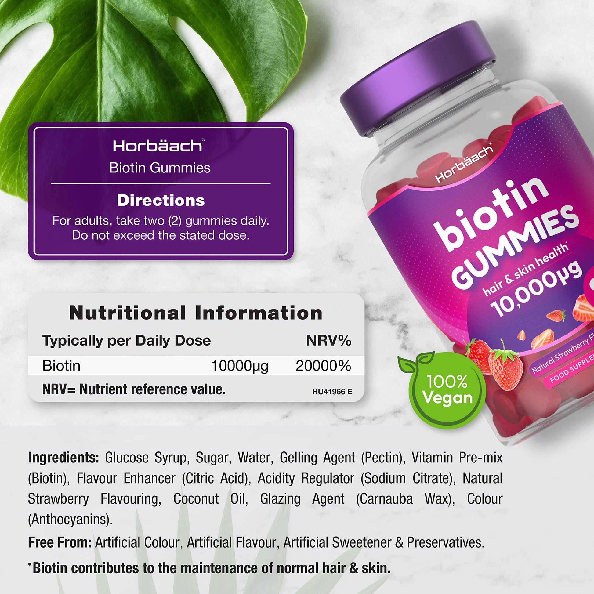 Biotin Gummies 10,000mcg | 90 Vegan Vitamins | Natural Strawberry Flavour Horbäach uk supplements