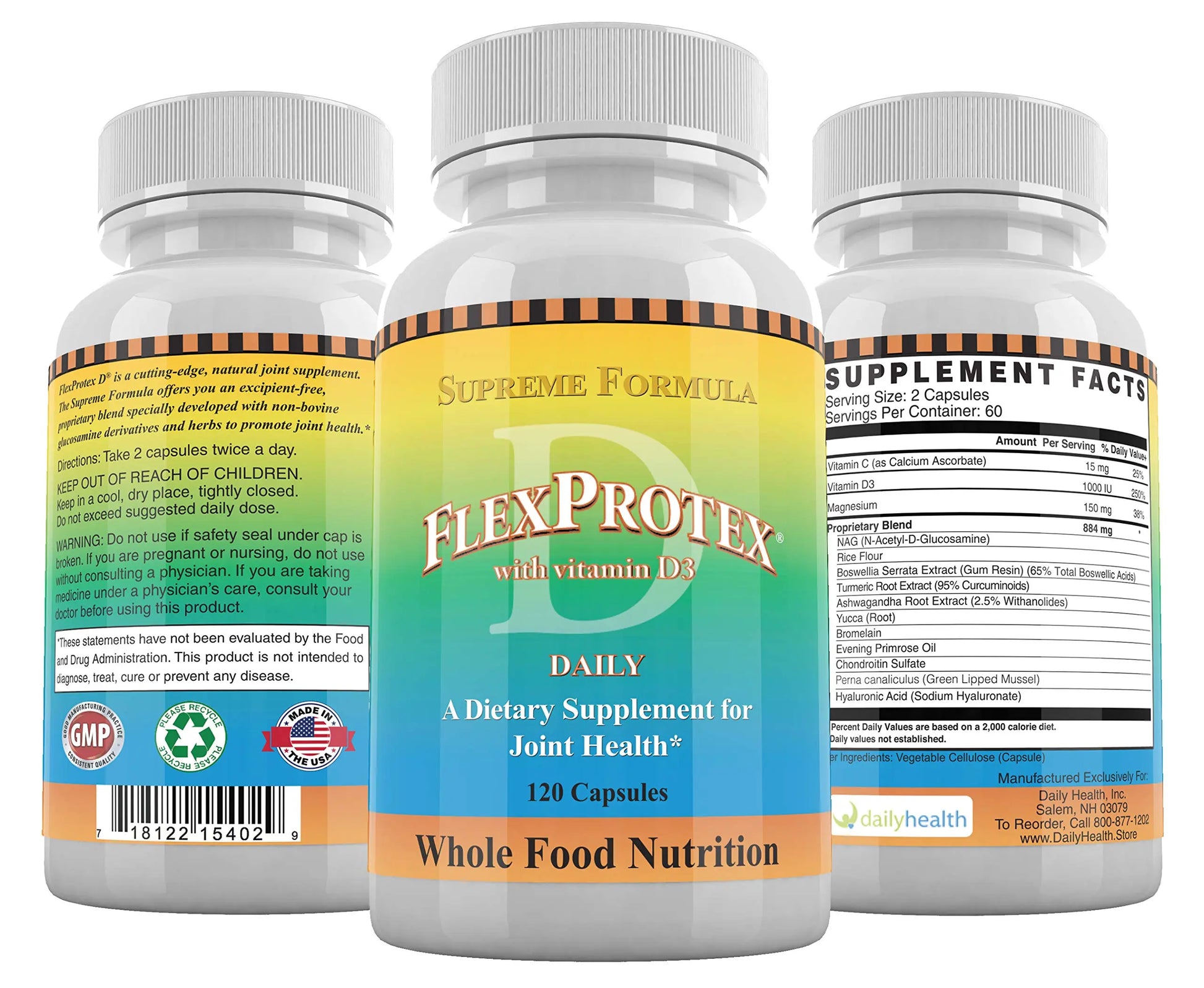 Daily Health, FlexProtex D Joint Muscle Support Supplement 3 Bottles Plus 1 Bottle Daily Marine Coral Calcium 90 Capsules Daily Health uk supplements