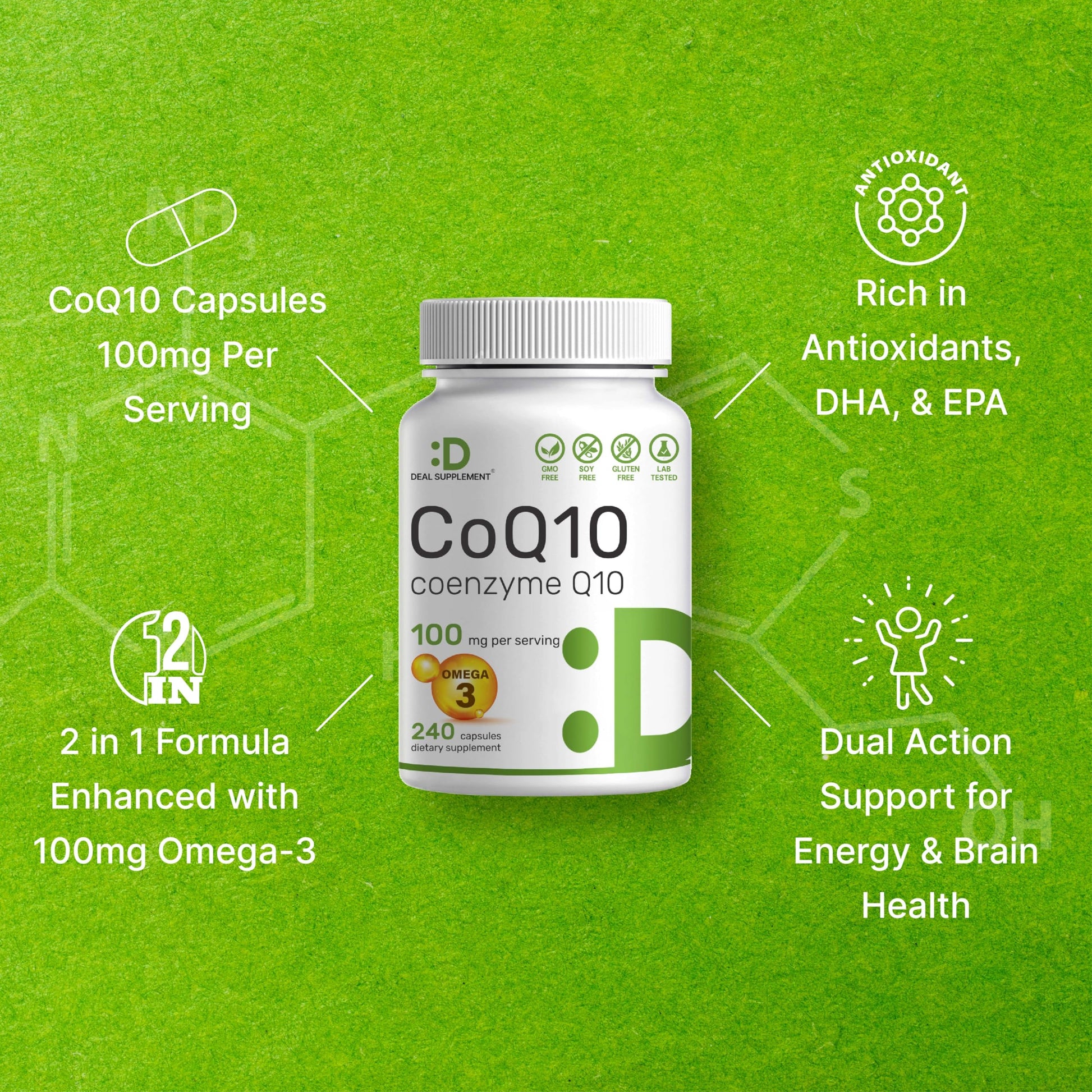 CoQ10 100mg, 240 Capsules – with Omega 3 Fatty Acid 100mg – Bioavailable Coenzyme DEAL SUPPLEMENT uk supplements