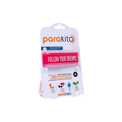 Parakito pink "Follow your dreams" rechargeable mosquito repellent bracelet PARAKITO uk supplements