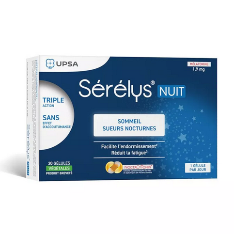 Serelys Nuit 30 capsules: Sleep disorders and night sweats linked to menopause UPSA uk supplements